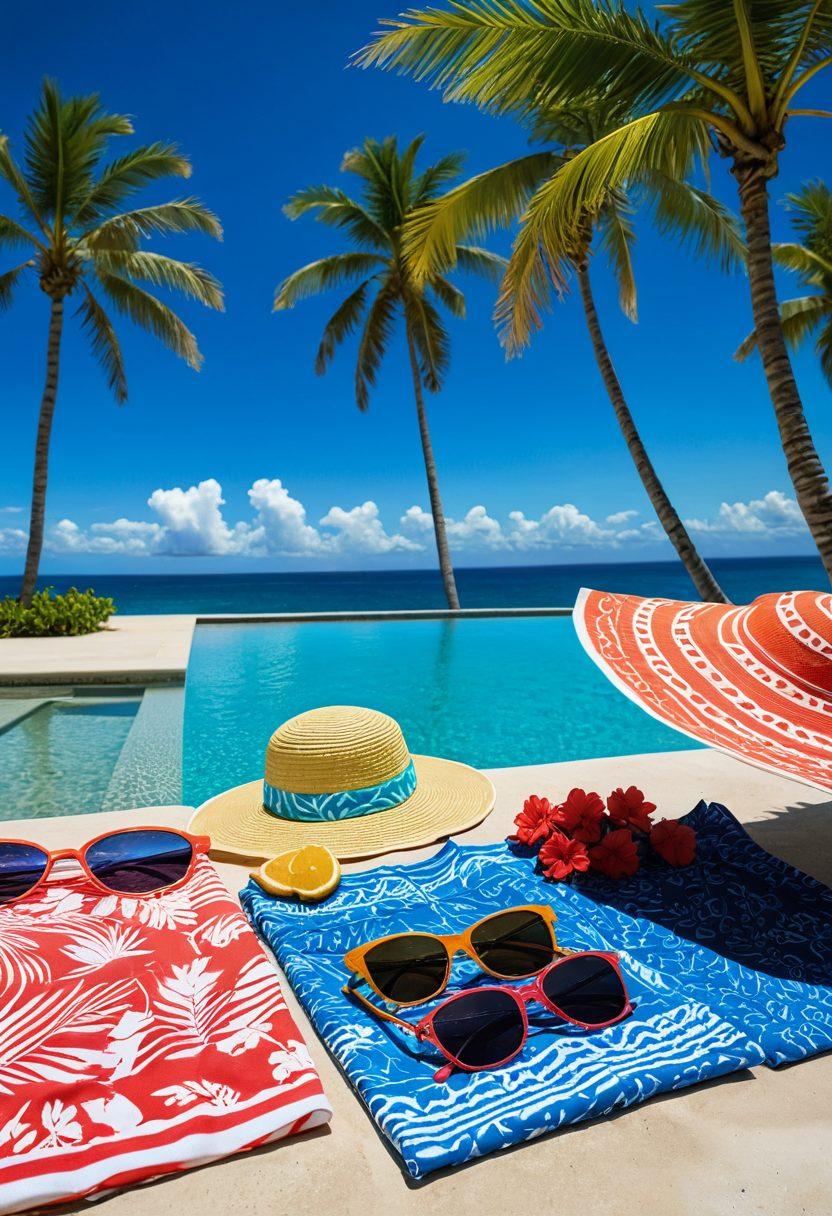 A vibrant beach scene featuring a stylish poolside with various beachwear essentials displayed prominently, including colorful swimsuits, trendy sunglasses, and fashionable beach towels. The background showcases a serene ocean view under a bright blue sky, while palm trees sway gently in the breeze. Use vivid colors to emphasize the lively atmosphere and create a sense of luxury and relaxation. super-realistic. vibrant colors. sunny background.